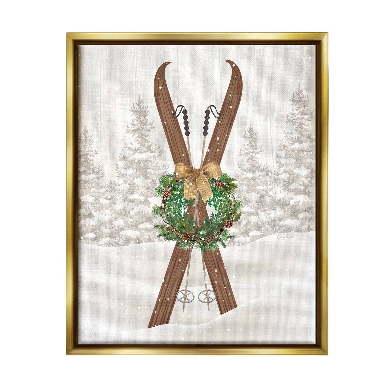 Stupell Industries Winter Skis Holiday Wreath Framed Floater Canvas Wall Art
